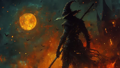 Pyroclastic warlock silhouette against infernal lunar horizon.