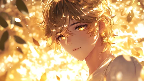 Male anime portrait shows backlit figure in golden foliage