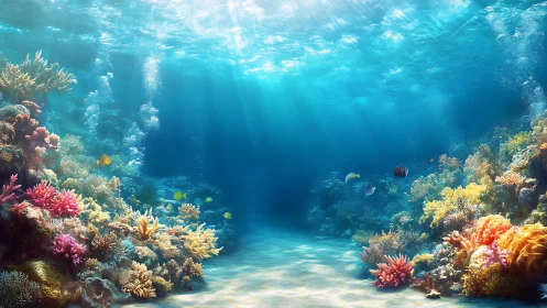 Sunlit coral reef panorama with vibrant tropical fish life.