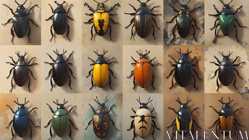 Grid of stylized beetle specimens showing varied elytra color patterns
