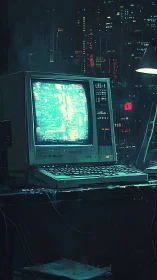 Retro terminal glows in moody cyberpunk city studio.