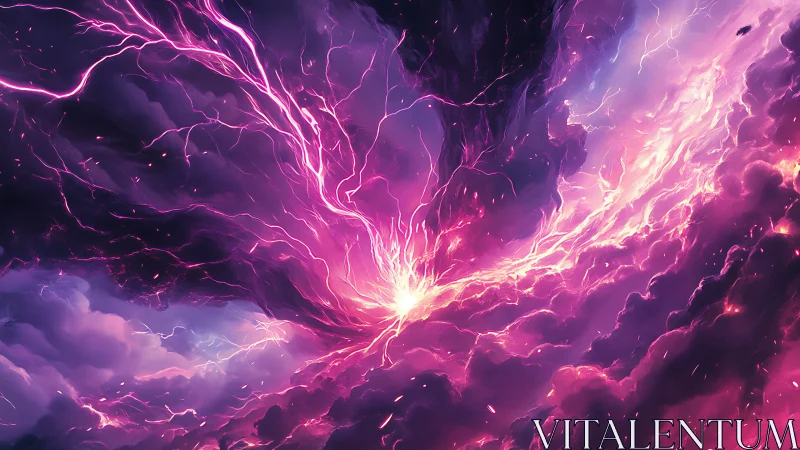 Cosmic storm rips nebula sky with radiant violet lightning