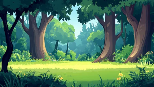 Forest Clearing with Towering Ancient Trees and Sunlit Undergrowth.