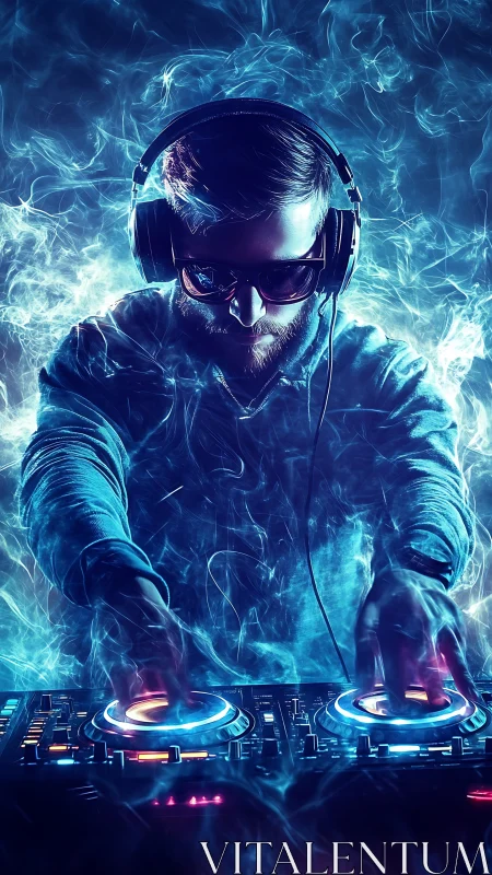 DJ controls illuminated mixer deck in vivid blue neon smoke