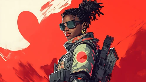 Tactical character portrait against red abstract field.