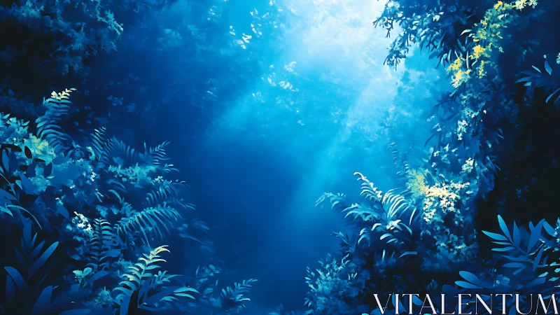 Bioluminescent underwater forest with atmospheric caustics and verdant foliage.