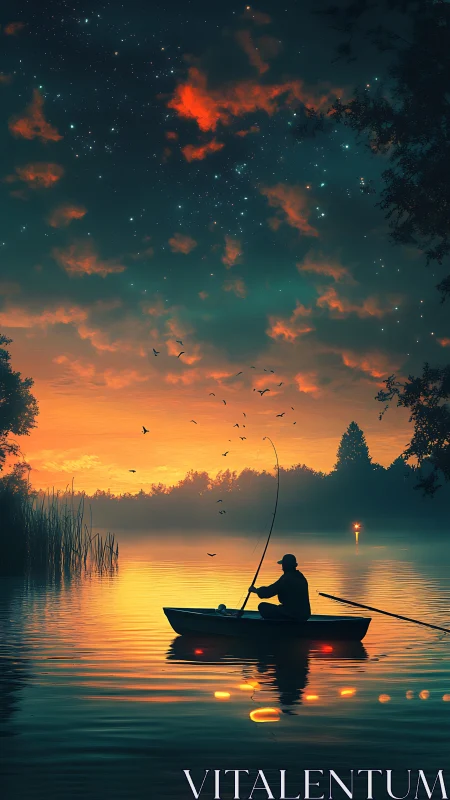 Solitary fisherman on calm lake under vivid night sky.