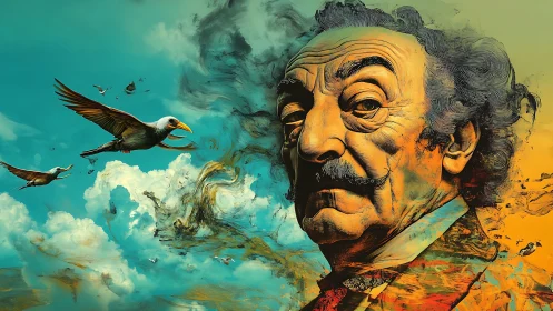 Surreal elder portrait dissolving into teal skies and birds.