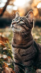 Tabby Cat Gazing Upward in Golden Hour Light