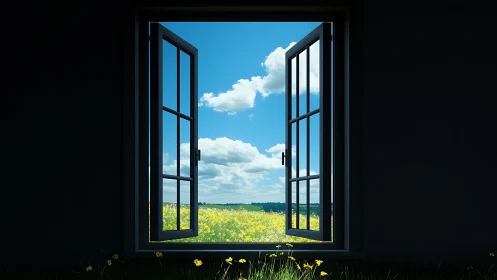 Open window onto wildflower meadow and cloud-bright sky.