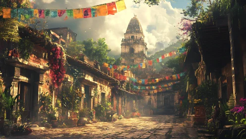 Sunlit temple alley draped in jubilant festival banners.