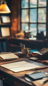 Warm vintage writing desk with draft papers in window light