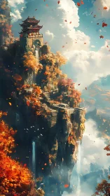 Vertical fantasy temple landscape with cascading waterfalls.