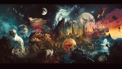 Surreal cosmic landscape merges mythic beasts with fractured worlds