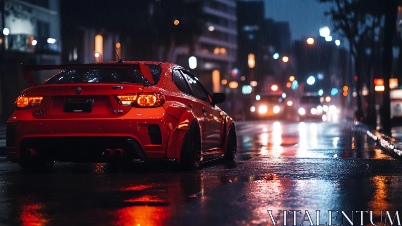 Red sports car waits in neon lit rain soaked city street