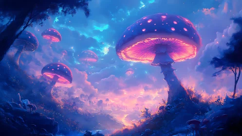 Bioluminescent mushroom forest under radiant twilight sky.