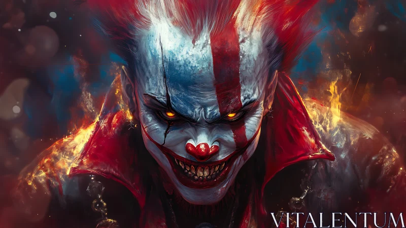 Demonic clown portrait burns through darkness with feral glare