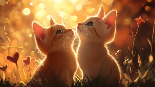 Two Kittens Gazing Upward in Golden Sunlight.