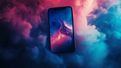 Smartphone floats in neon clouds with fluid digital art.