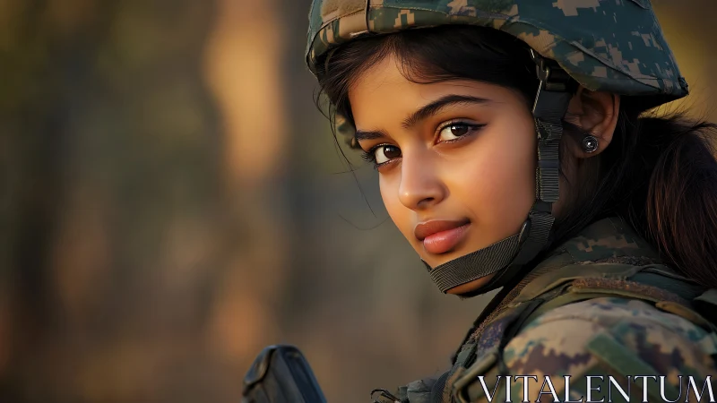 Portrait of Female Soldier in Camouflage Gear, Golden Hour Lighting.