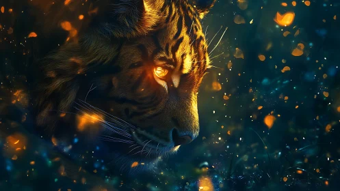 Bioluminescent tiger profile amid ember particles, low key