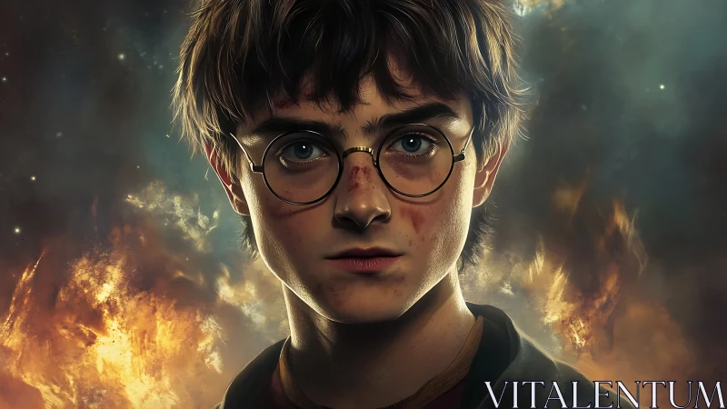 Young wizard portrait stands before swirling fire and smoke