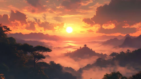 Gentle sunrise over misty mountains and hidden temple.