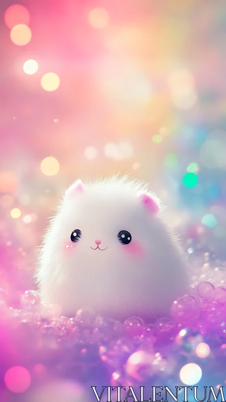 White fluffy creature in pastel bokeh environment illustration.