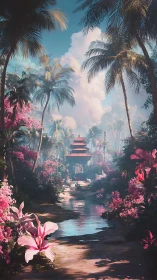 Tropical Paradise Garden with Pagoda Temple and Blooming Flowers.