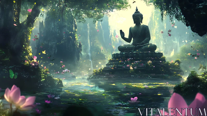 Lotus lagoon shrine where quiet butterflies guard peace.