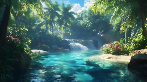 Tropical Waterfall Pool Landscape with Palm Forest