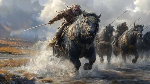 Storm-lashed raiders thunder across a river of shattered sky.