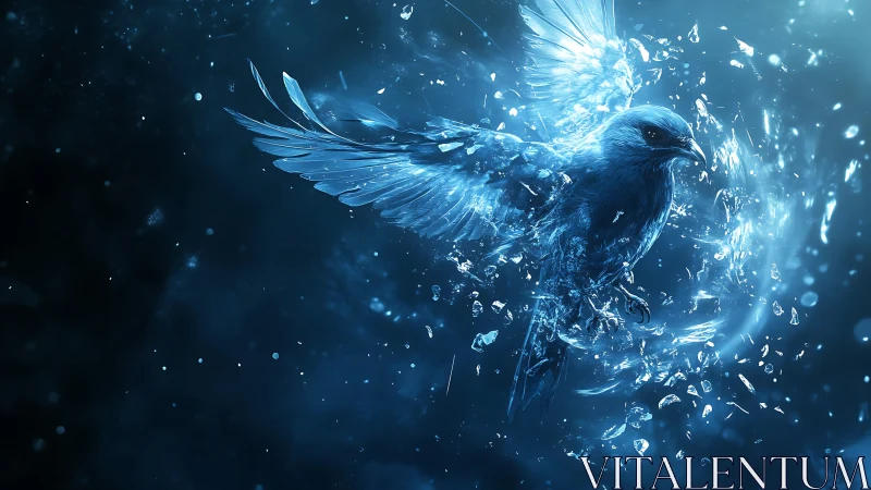 Iridescent ice bird shattering into crystalline fragments