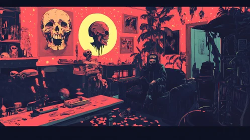 Crimson skull salon where quiet midnight daydreams linger.