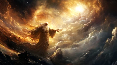 Radiant robed figure commands swirling nebular storm with volumetric light
