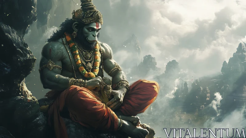 Mythic simian deity figure seated on rocky mountain ledge.