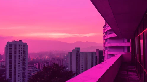 Balcony view over magenta tinted city skyline at dusk