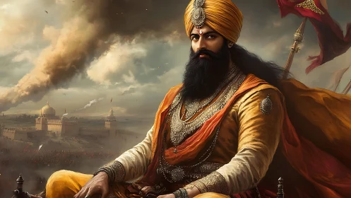 Majestic Sikh warrior king commands a smoky battlefield