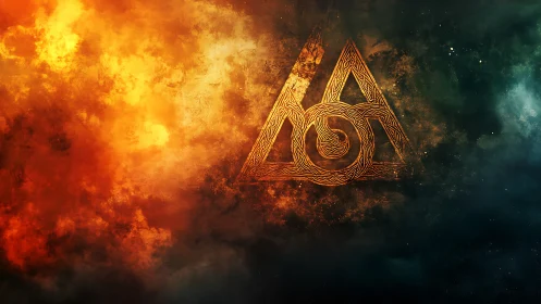 Intricate golden rune triangle floats amid turbulent fiery nebula