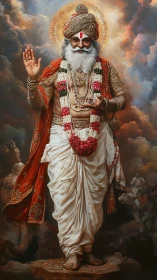 Radiant sage strides through storm-lit heavens with calm grace