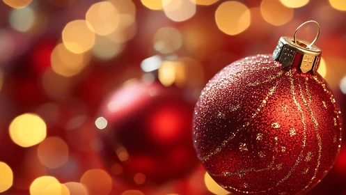 Red glitter Christmas bauble hangs against warm bokeh lights