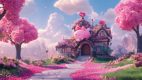 Whimsical kawaii cottage amid volumetric sakura bloomscape.