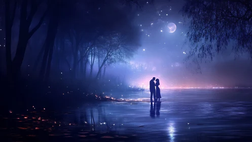 Moonlit Lakeside Silhouettes: Romantic Night Scene.
