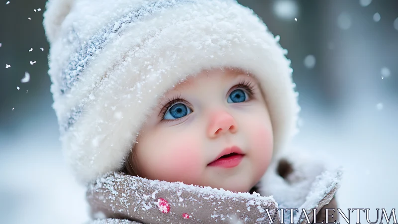 Child in white winter hat surrounded by frost particles