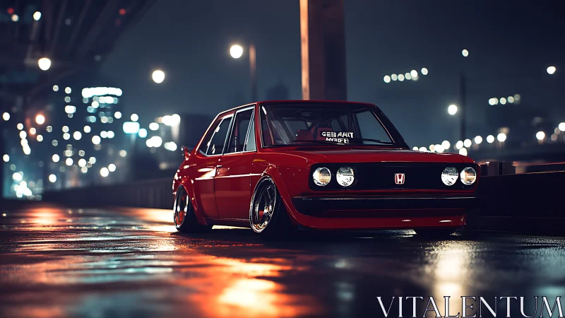Low-slung red Honda glows under moody city night lights