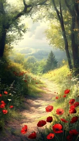 Sunlit forest path winding through red poppy meadow.