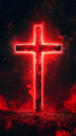 Glowing red cross stands centered in a dark cosmic field