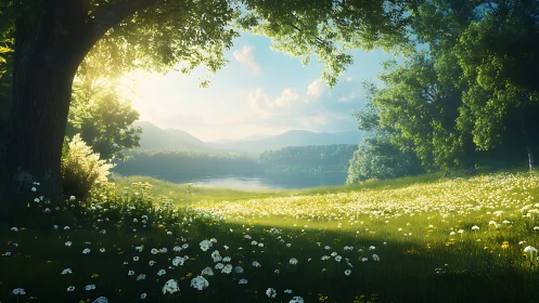 Sunlit wildflower meadow opening onto tranquil lakeside vista.
