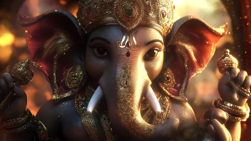 3D rendered Ganesha bust with jeweled crown and warm bokeh light