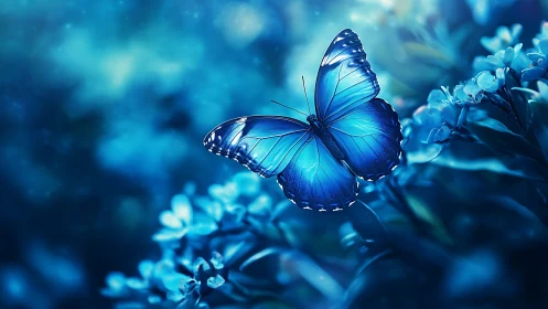 Gentle blue butterfly rests softly in a dreamy moonlit garden
